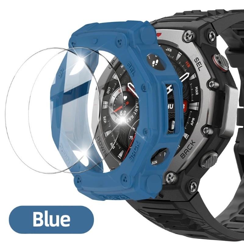 Anti-scratch Screen Protector Tempered Glass Film with Bumper Silicone Protective Cover for Amazfit T-Rex 3 Pro T-Rex3