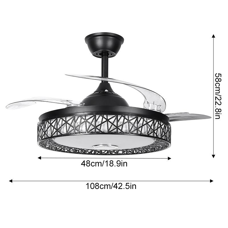 Led Invisible Blck Ceiling Fans Light 42" Retractable Blade Bluetooth Modern Folding Fan Lamp APP Remote Control Hanging Light