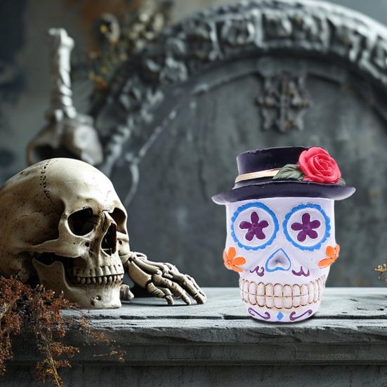 Yousheng Day of The Dead Floral Skull Statue Colorful Flower Patterned Human Head Bone Model Resin Sugar Skull Figurine for Halloween Home Tabletop