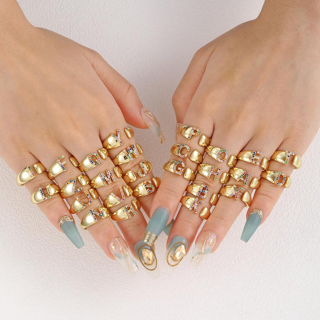 Fashionable Colorful Zircon Alphabet Adjustable Retro Ring