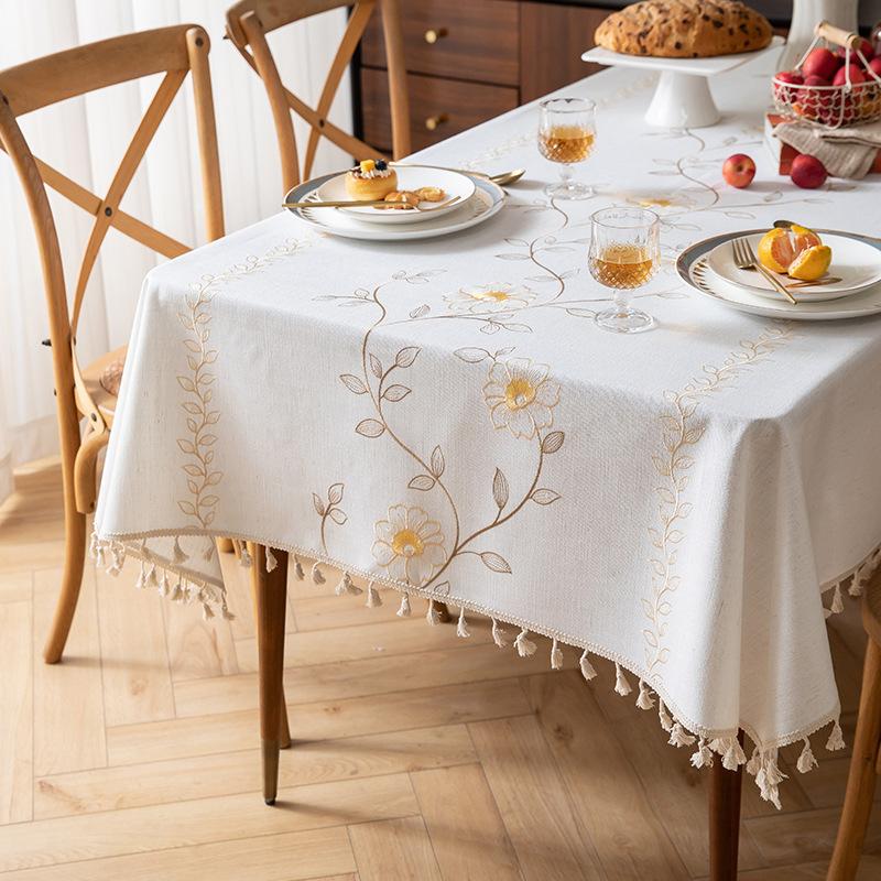 Embroidery High-Grade Waterproof Cotton And Linen Fabric Dining Table Cloth Rectangular Fringe Simple Tablecloth