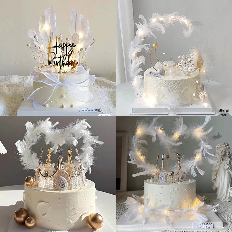 Angel Wing Feather Cake Toppers with Wire Heart String Lights