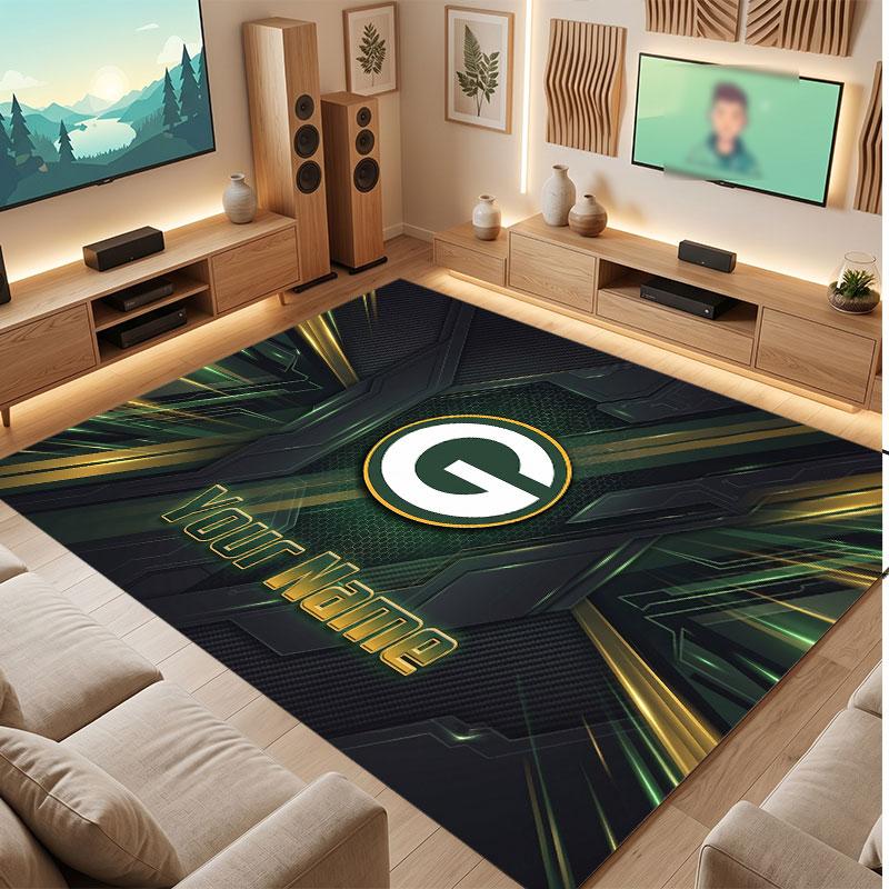 Green Bay Packers Personalized Crystal Velvet Carpet, Customized Name Text Soft Anti‑Slip Rug for Living Room Bedroom