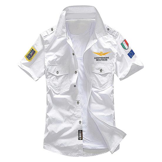 Military Men Letter Embroidery Patch Pocket Slim Button Down Short Sleeve Shirt