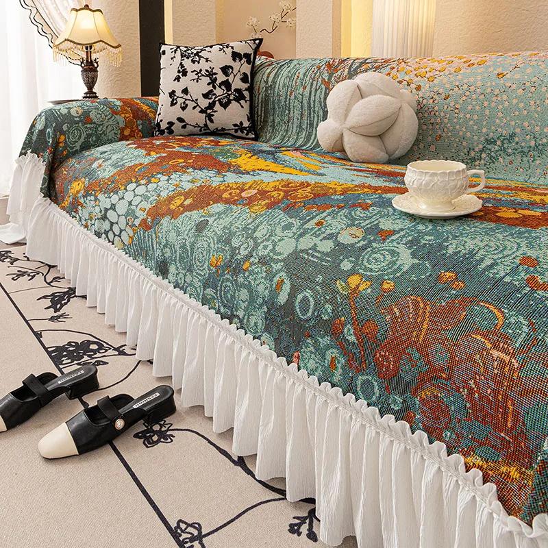 Nordic Pastoral Sofa Towel with Skirt Edge All Inclusive Non Slip Couch Cushion for Living Room All-Season Printed Sofa Blanket