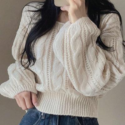 2024 Herbst Winter Mode Langarm Pullover Damen Lässig Gestrickt Locker Pullover High Street Quadratischer Kragen Einfarbig Kurze Oberteile