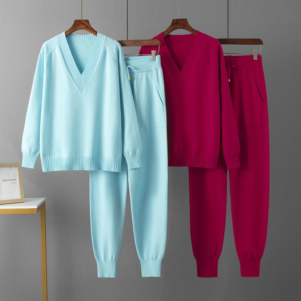 Women's  Autumn Winter  V Neck Sweater Two Piece Set  Knitted Pants Suits Fashion Casual Pullover Tracksuits Outwear