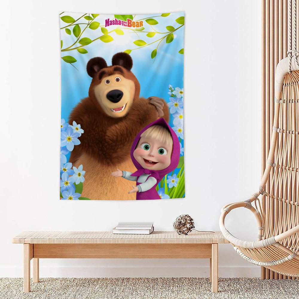 Cartoon MMasha And The Bear Tapestry Microfiber Wall Hanging For Bedroom Living Room Decor Outdoor Festival Bar Background