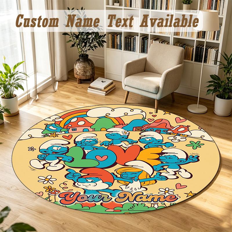 Round Rug Custom NameSmurfs Pattern Non Slip Carpet Home Floor Decor