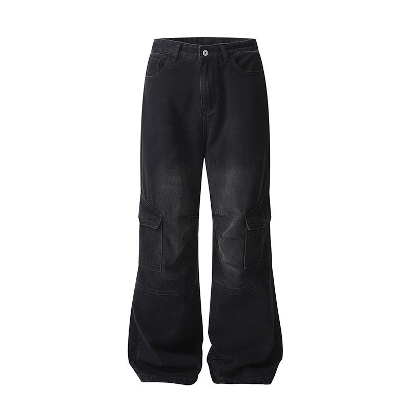 Men s Washed Black Cargo Jeans Wide Leg Denim Pants with Side Pockets M