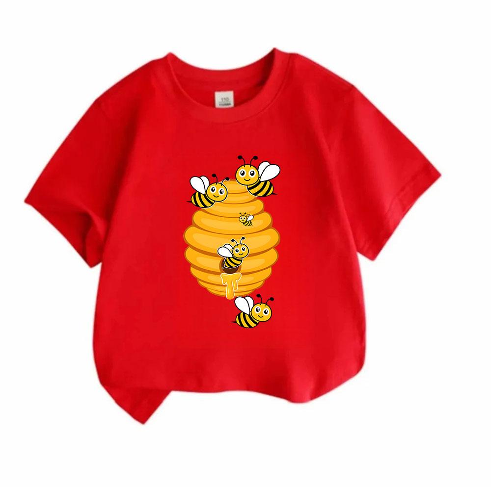 Kids Boys Girls Crew Neck Short Sleeve 100% Cotton T-Shirt, Cute Cartoon Bees Honeycomb Print Casual Soft Breathable Top For Daily Wear Summer Activit