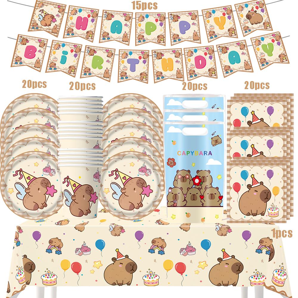 Capybara Disposable Tableware Set  Birthday Party Capybara Tablecloth Cups Plates Napkin Banner Cake Topper Kids Party Supplies