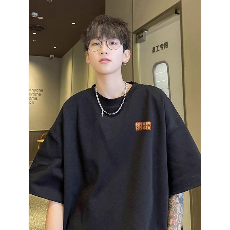 Trendy Brand Simple T-Shirt for Men, Spring High Street Versatile Casual Short-Sleeve American Retro Label Pure Cotton Couple Half-Sleeve