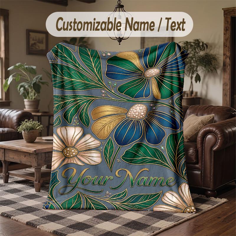 Floral Art Nouveau 4 Theme Throw Blanket Custom Name Text Personalized Blanket Soft Cozy Blanket for Home Sofa Bed