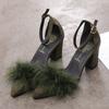 Spring new thick high-heeled side empty suede pointed head sexy and thin one-word buckle with fluffy sandals women