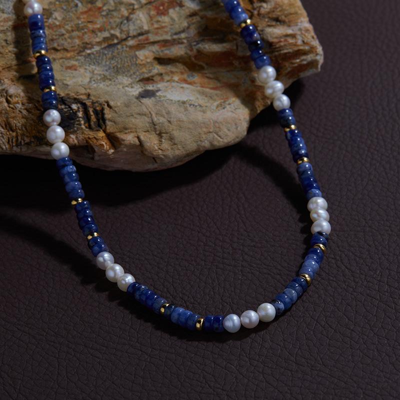 S925 Sterling Silber Neue Chinesische Natürliche Süßwasserperle Blaues Muster Buntes Schatz-Halskette Damen-Nische High-End Armband Perlen-Schlüsselbein