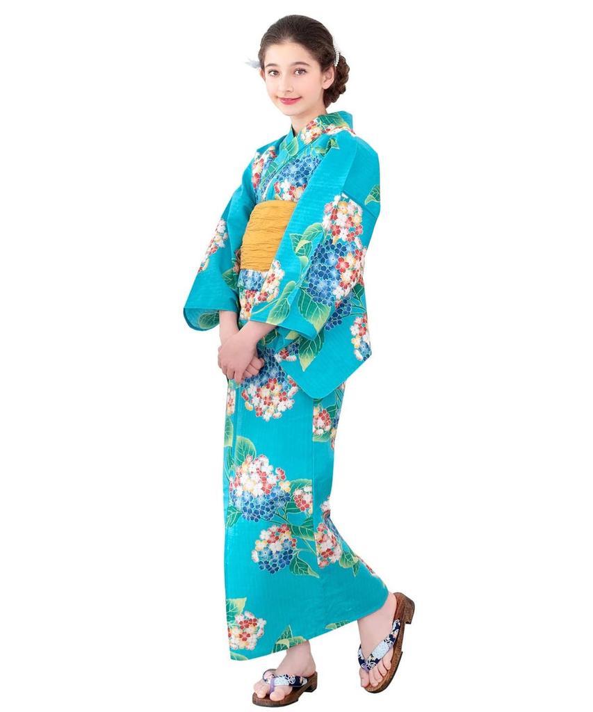 Yukata Retro Change Set Heiko Girls In the Summer [KYOETSU] Set, Girls, Junior, C, Weave, 2-piece (Yukata, Obi), (140cm, 2.Hydrangea Sky)