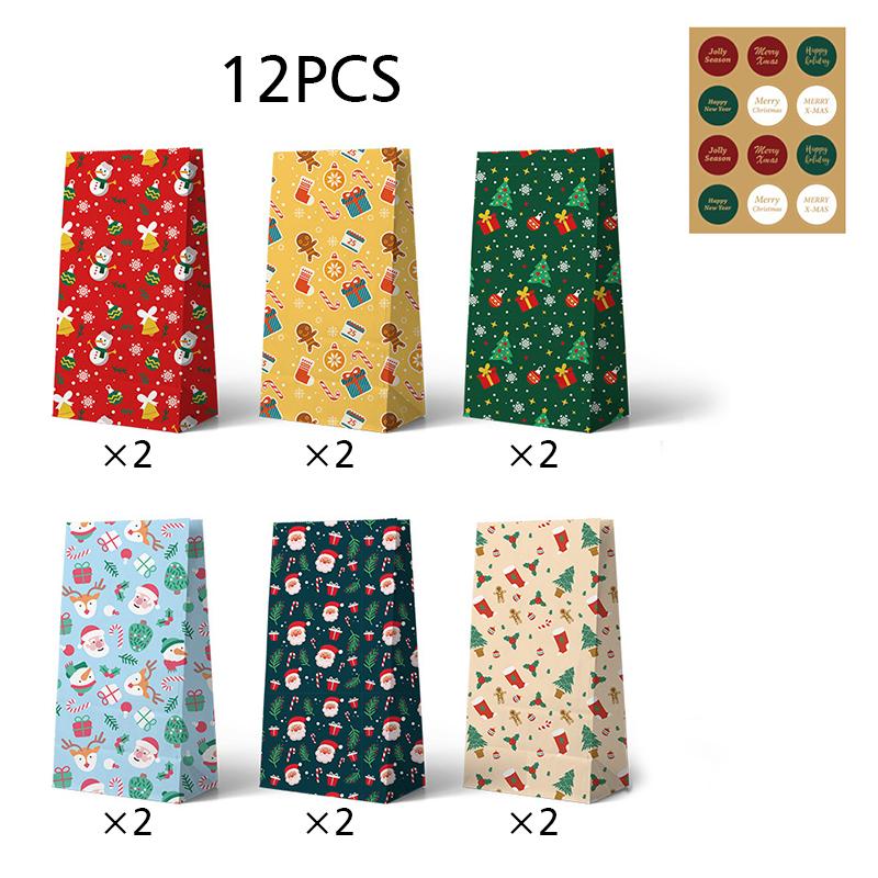 

12 шт. Бумажные пакеты для конфет с плоским дном с новогодним принтом, Рождественские упаковочные пакеты с Санта-Клаусом для вечеринок, Рождественские подарочные пакеты, Пакеты для печенья 12PC