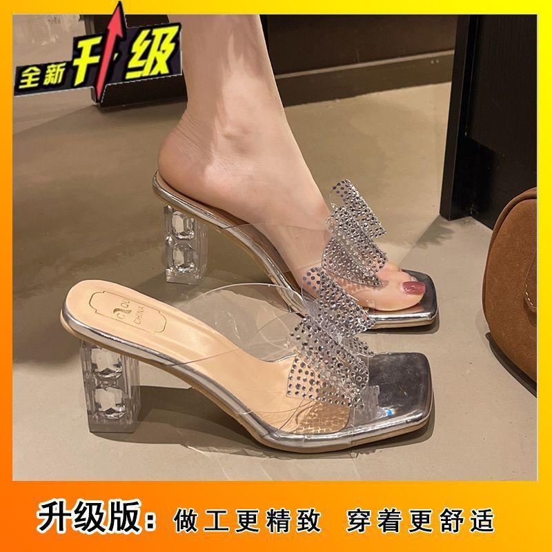 Women's thick-heeled slippers outer wear women's 2025 new summer high-end bow rhinestone gentle cool slippers sandals