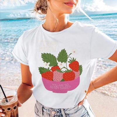 New Sweet Strawberry Pattern Fashionable Summer Women's Cute Style Cartoon Round Neck Printed Casual Versatile Beach T-Shirt
