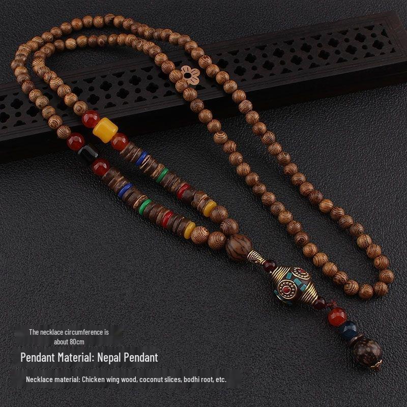 Unisex Retro Ethnic Wooden Necklace Pendant - Versatile Long Sweater Chain and Clothing Accessory