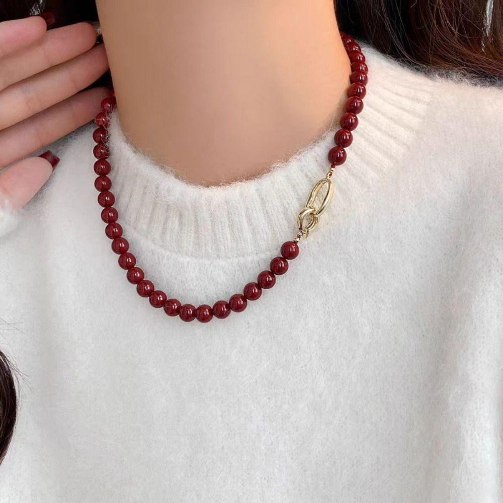 Elegant Crimson Beaded Necklace Double Toggle Clasp Strand Beaded Red Agate Necklace Women Jewelry