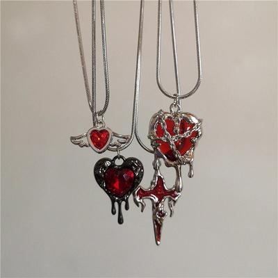 Vintage Y2k Red Love Heart Cross Pendant Snake Chain Necklace For Women Men Halloween Aesthetic Gothic Rave Jewelry Accessories