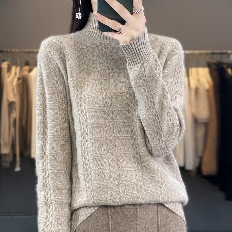 Women's Loose Thickened Mid-Neck Wool Knitwear - Autumn/Winter Long Sleeve Base Layer Sweater