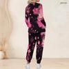 Women Plus Size Black Pink Floral Printed Nurse Scrub Set V Neck Long Sleeve Pockets Top Long Pants