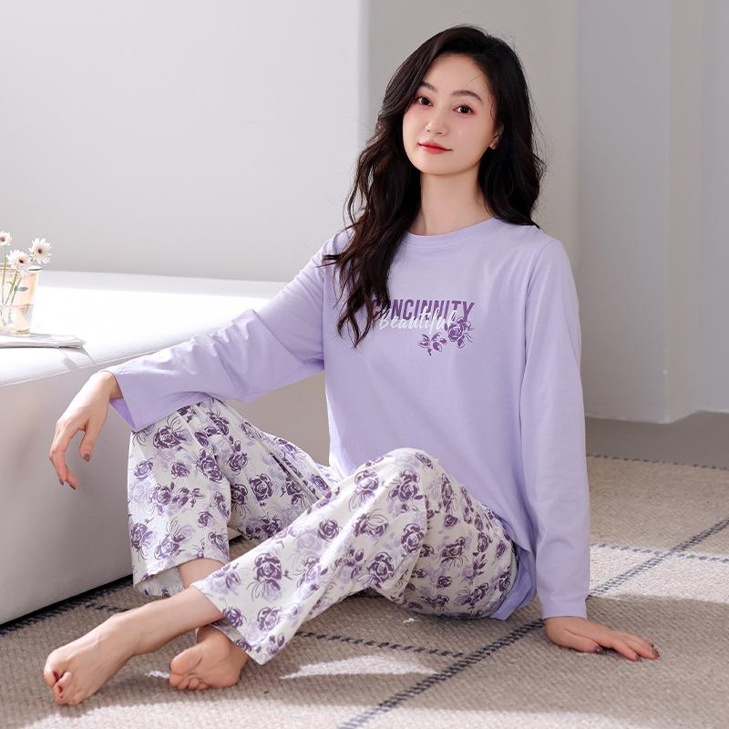 Pajamas Women'S Pure Cotton Long-Sleeved Cotton Round Neck Can Be Worn Outside Casual Loungewear Set