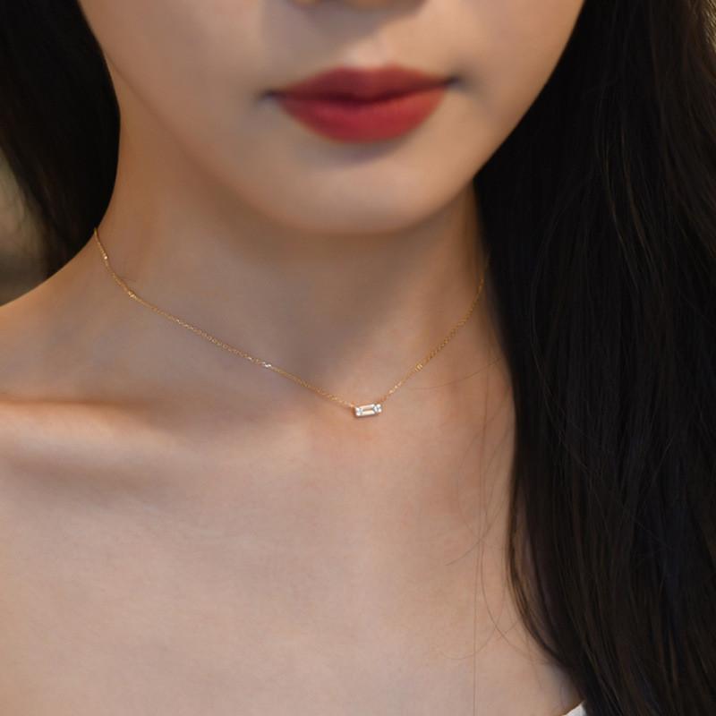 

925 Sterling Silver French Simple Square Crystal Pendant Clavicle Chain Necklace Women Classic Plating 14k Gold Jewelry Gift Gold 45CM
