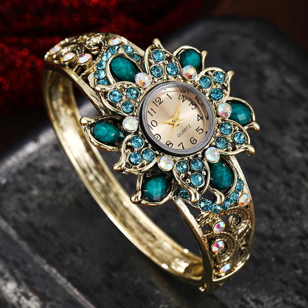 Rhinestone Flower Decor Quartz Bracelet Watch Analog Cuff Bangle Dress Wristwatch