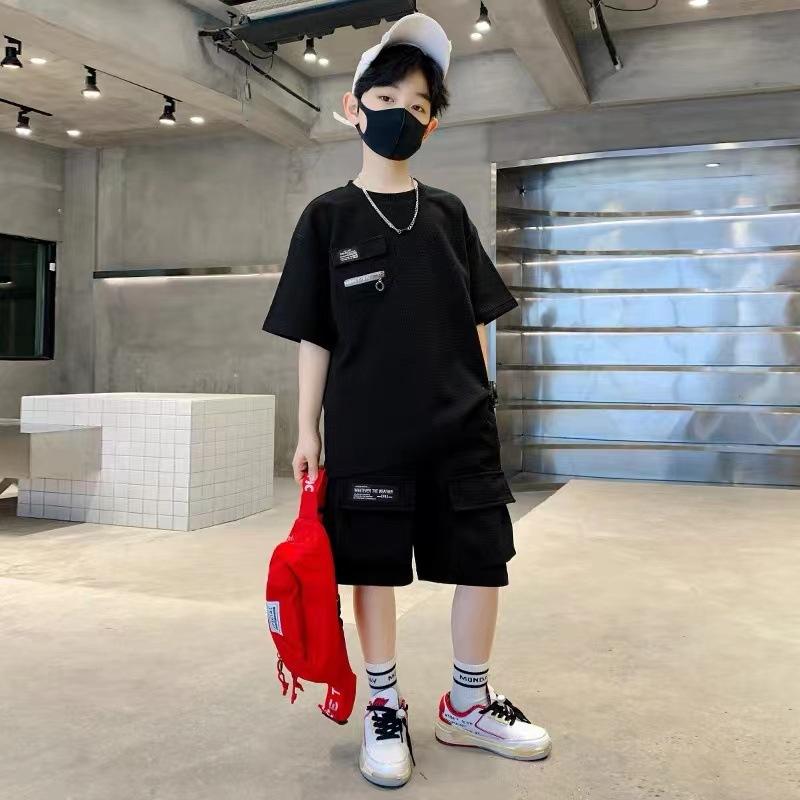 

Boys Sports Suit Summer Children Clothes Sets Kids Short-Sleeved Top Shorts 2 Pieces Teen Fashion Casual Outfits 5-14 Years 170 чорний