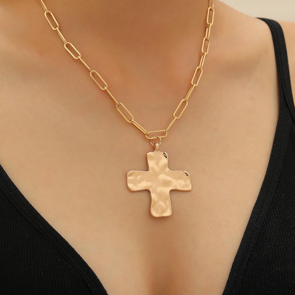 Hammered Cross Pendant Paperclip Chain Necklace Bold Statement Necklace for Women