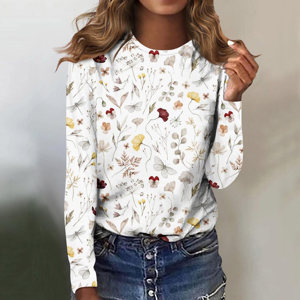 Women's Fashion Casual Long Sleeve Print Round Neck Pullover Top Blouse