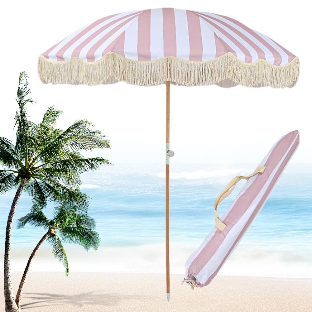 Striped Patio Umbrella with Fringe Outdoor Sunshade Umbrella with Tilt Pole for Balcony Terrace Swimming Pool Beach Garden