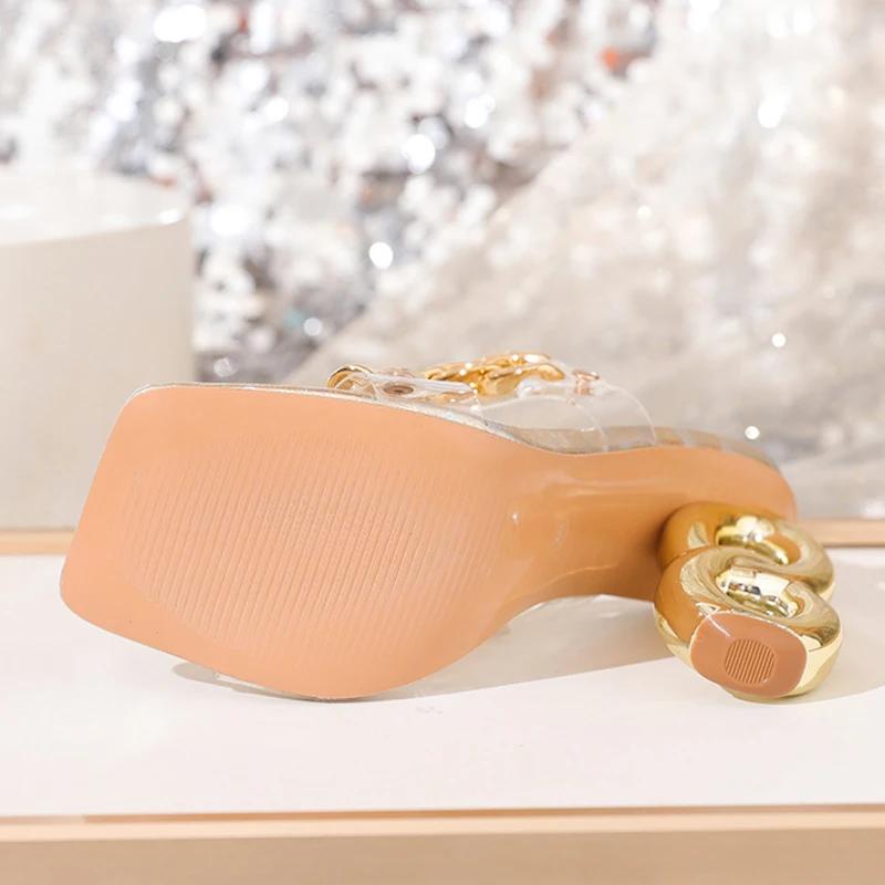 Summer 2025 Fashion Metal Chain Slippers PVC Transparent Shoes Women Slides Style Chic Strange Fretwork Heels Modern Sandals