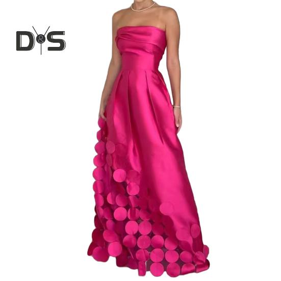 Evening Dress Hollow Out Round Satin Off-Shoulder Sleeveless Waist-Hugging Dress Summer Prom Wedding Party Maxi Dress
