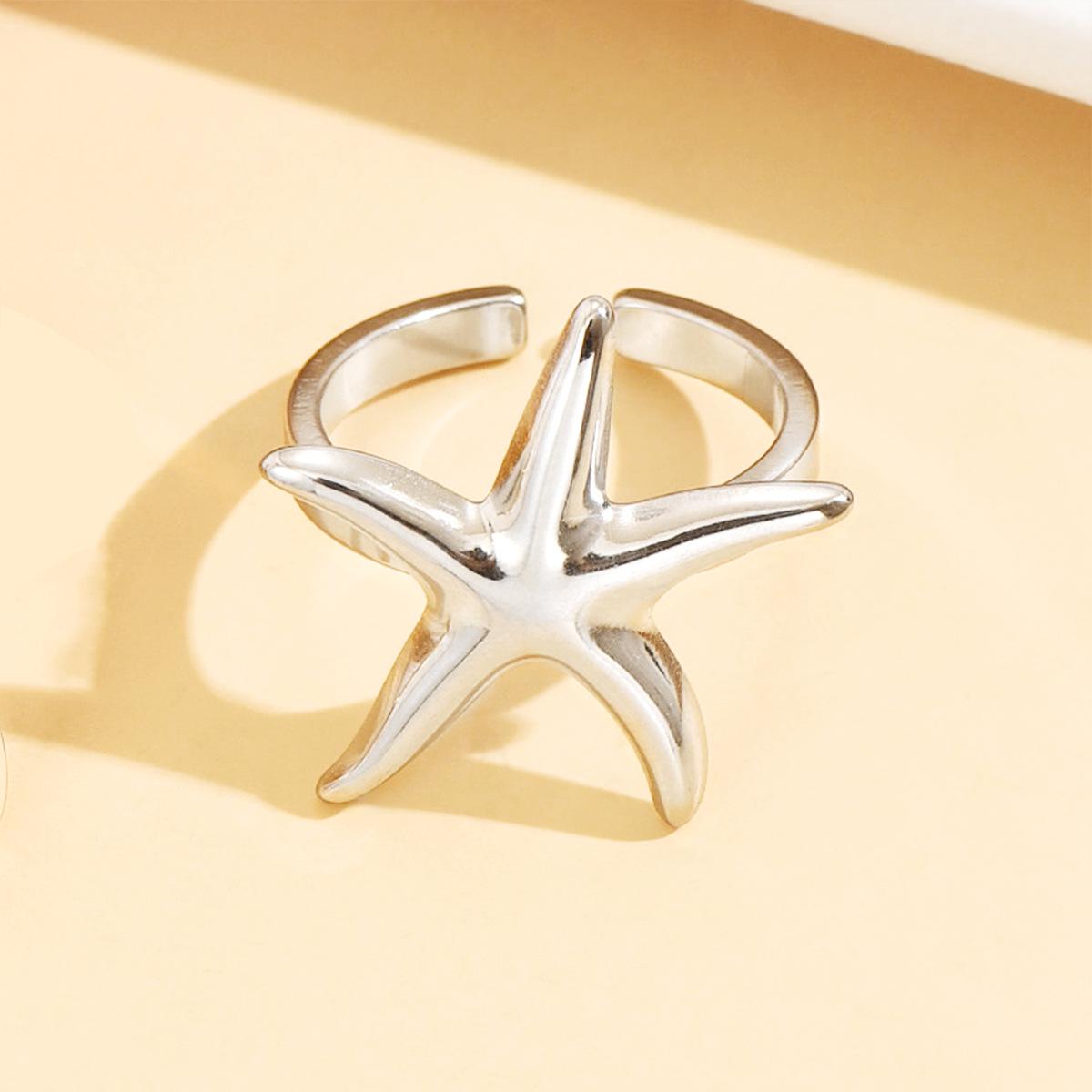 Stainless Steel Glossy Starfish Open Ring - Light Luxury Vacation Style for Women