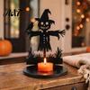 Dark Festive Table Centerpiece Halloween Wooden Candle Holder, Black Hollow Crow Spider Tealight Display Party Atmosphere Decor Stand, Gothic