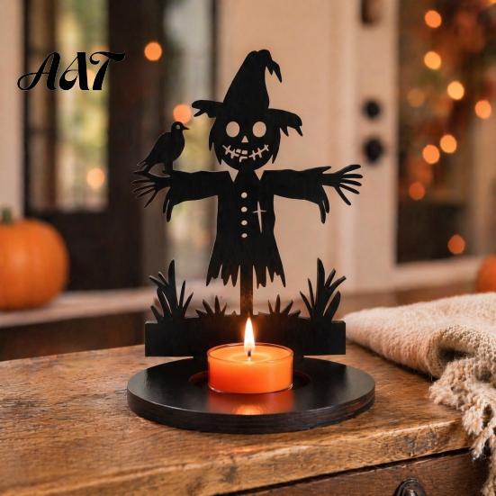 Dark Festive Table Centerpiece Halloween Wooden Candle Holder, Black Hollow Crow Spider Tealight Display Party Atmosphere Decor Stand, Gothic