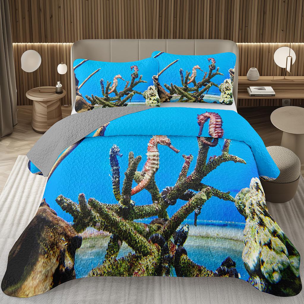 Comforter Seahorse Queen Size 3D Seahorse Printed Bedding Set Ocean Animal Quilted Marine Mediterranean Style Bed
