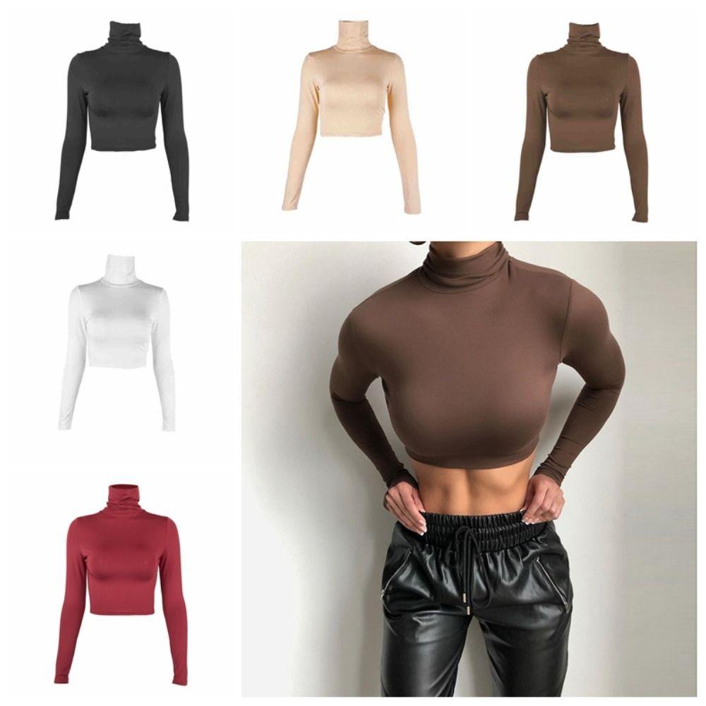

Pullover High Collar Crop Tops Y2k Bottoming Shirt Women Long Sleeve T-shirt Streetwear L вина червоного кольору