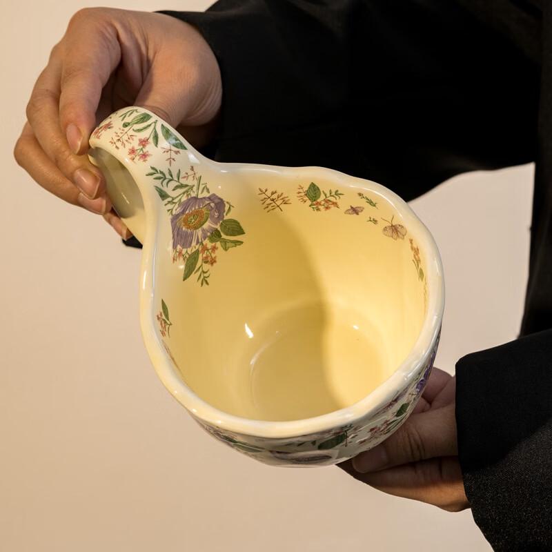 OLOEY Floral Yellow Curved Handle Ceramic Mug Set