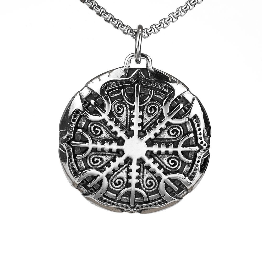 Vintage Solid Stainless Steel Compass Rune Pendant Necklace For Men