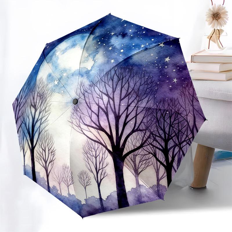 1pc Moonlit Forest Automatic Folding Umbrella, Heavy Duty 8 Rib Iron Frame, Suitable for Travel, Daily Use, Birthday, Decor Gift 39
