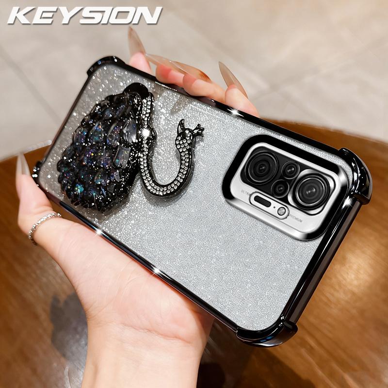 KEYSION Shockproof Plating TPU Phone Case for Redmi Note 10 10S 10 Pro 4G Glitter Jewelled Swan kickstand Back Cover for Xiaomi POCO M5S