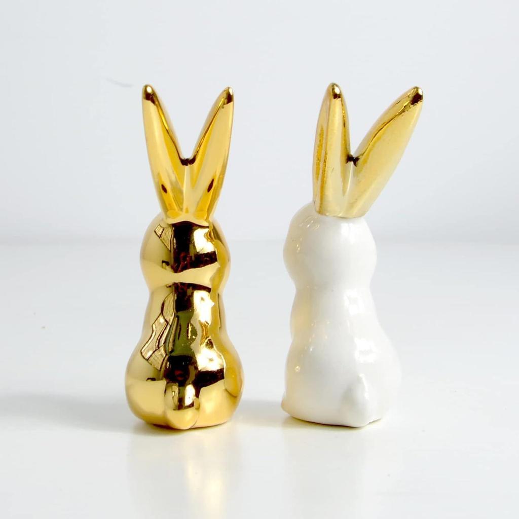 Home Decor Rabbit Statues,1 Pair, Small Decorative Accents for Shelves, Livingroom and Bedroom, Gold and White (2pcs Cute Rabbit)