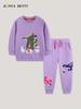 Girls' 2-Piece Knit Cotton Dinosaur Patch Tracksuit - European & American Style, Long Sleeve & Sports Pants