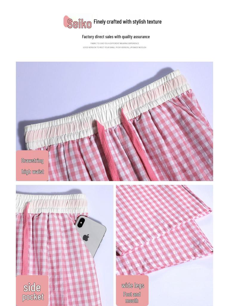 Women's Summer High-Waist Plaid Casual Pants: Slimming Straight or Wide Leg Draped Design